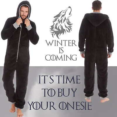 Mens Plain Black 1Onesie1 Thick Snuggle Fleece Warm All In One Winter Jumpsuit • £24.29