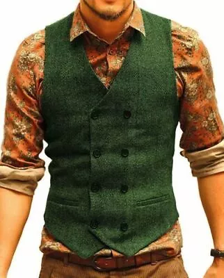 Mens Western Vest Double-Breasted Cowboy Tweed Wool Blend Waistcoat Large XL XXL • $25.16