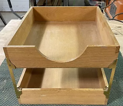 Vintage Oak Duplex In / Out Letter Tray File Desk Organizer W Brass Holders • $35