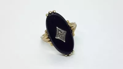 Vintage Black Onyx & Diamond 10k Yellow Gold Art Deco Mourning Ring Size 3.5 • $249.99