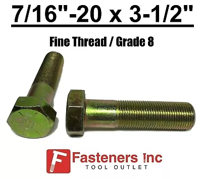 7/16-20 X 3-1/2  (PT) Hex Bolt Yellow Zinc Plated Grade 8 Cap Screw Fine Thread • $9.83