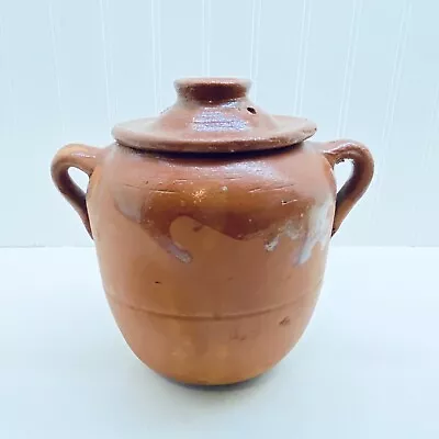 Vintage Redware Clay Pottery Bean Pot With Lid 8 1/2” Tall Mexico Half Glazed • $34.95