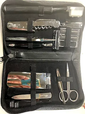 New With Box Vintage Leather Zippered Men's 12 Pc. Travel  Grooming Kit • $14.95