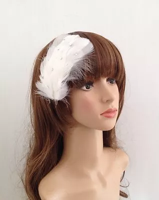 1920's FLAPPER Sparkle Dimante WHITE FEATHER CLIP FASCINATOR HEADDRESS WEDDING • £6.99