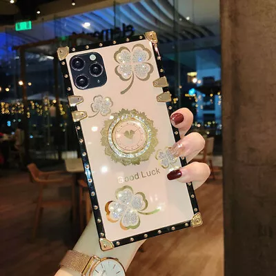 For Samsung S21 S20 S10 S9 Note20 Bling Glitter Lucky Flower Square Case W/ Ring • $15.95