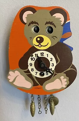 Vintage Rolling Moving Eye Teddy Bear Wall Clock Germany Handpainted Wood Kitsch • $39.95
