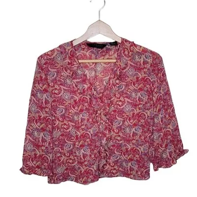 Vintage 90s Express | Paisley Cropped Silk Ruffle Blouse Juniors Size 13/14 • $15.20