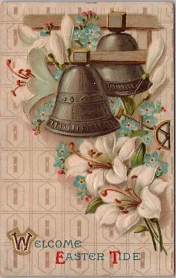 Vintage 1910 EASTER Greetings Postcard Silver Church Bells / White Lily Flowers • $5.25