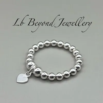 Sterling Silver 925 Beaded Stretch Stacking Ring With Mini Heart Charm Handmade • £11.99