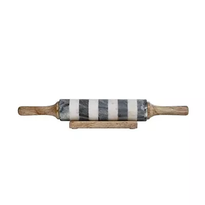 Striped Marble Rolling Pin With Wood Stand Natural Black And White Kitchen Utili • $42.60