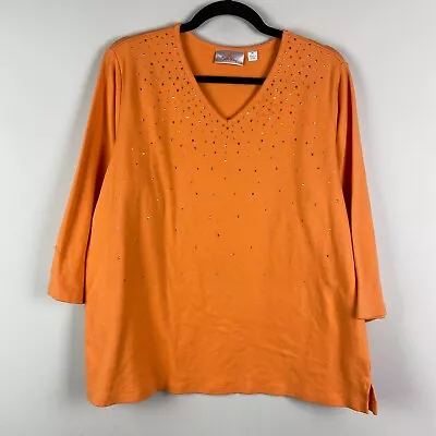 Quacker Factory Top Size XL Embellished Orange V Neck T Shirt 3/4 Sleeves Cotton • $15.95