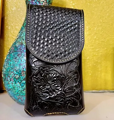 Montana West Real Leather Belt Loop Phone Holster Black Basket Weave Tooled Sz M • $36.39