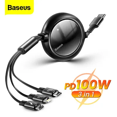 Baseus 100W 3 In 1 USB C Fast Cable Retractable Cord For IPhone Micro USB Type C • $20.99