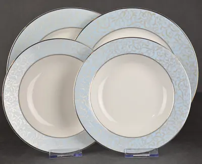 LOT Mikasa Fine China L3472 2 Dinner + 2 Rimmed Soup Bowls Parchment Blue Scroll • $44