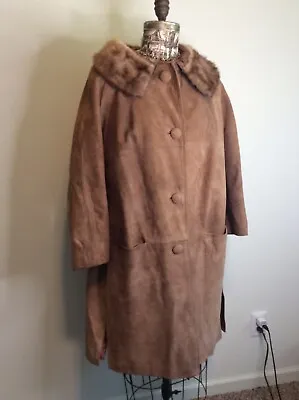 Vintage 1960 HIP Brown Suede AND Mink Collar Lined Coat RARE Larger Size 18 • $55