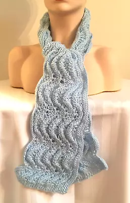 Light Blue Scarf Neck Warmer New Hand Knitted Lace Pattern Scalloped Edges 58“ • £15.19