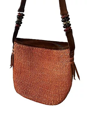 Vintage Woven Tote Bag Leather Suede Strap Crossbody Russet Brown Boho • $23.48