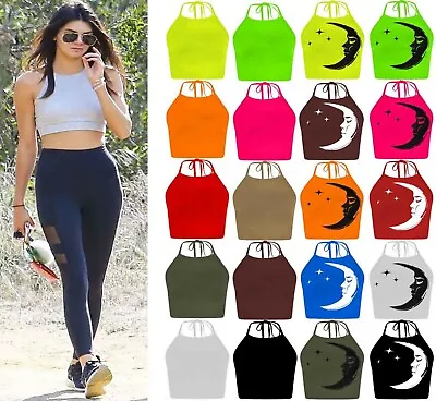 New Womens Ladies Tie Up Halter Neck Plain Crop Top Sleeveless Vest T Shirt Tops • £5.49