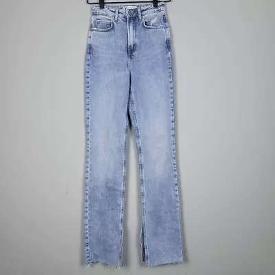 Zara Womens Size 00 High Rise Jeans Blue Split Flare Leg Light Wash Stretch • $25.49