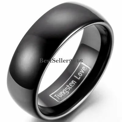 8mm Black Polished Dome Men's Tungsten Carbide Ring Comfort Fit Wedding Band • $12.99