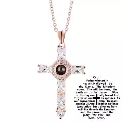 Lords Prayer Engraved Crystal Cross Pendant | Cross Projection Prayer Necklace • $10.99