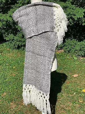 Fringed Rebozo Wrap Shawl Woven Thick Yarn 5.75x2 Mexican Dark Gray White 2022 • $22.90