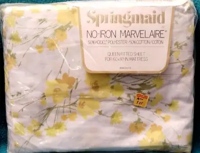 NOS Vintage Springmaid Queen No-Iron Fitted Sheet Yellow Daisy MCM Mid Century • $34.95