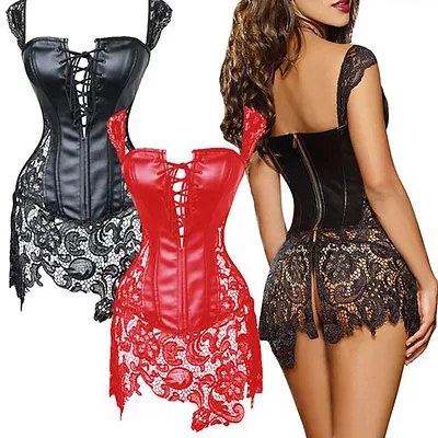 UK Women Bustier Corset Boned Lace-up Sexy Burlesque Dress Basque Lingerie Rouge • £9.79