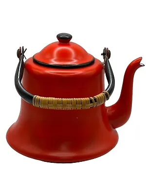 Teapot Vintage Enamelware Graniteware Red Black Trim Bamboo Wrapped Handle 6 Cup • $18