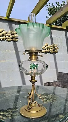 Original Victorian Tadpole Art Glass Green Oil Lamp Font And Shade Stuart • £325