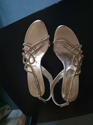 Unze Gold Asian Sparkly Party Cocktail Wedding Mid Heel Sandals UK 5/38 • £5