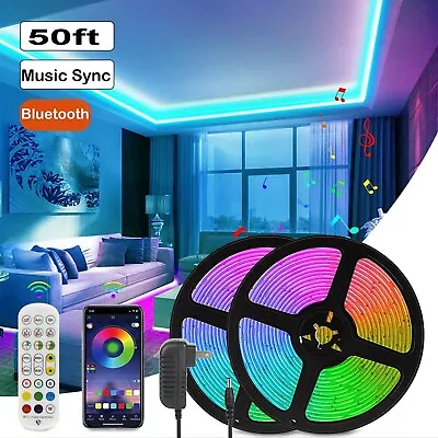 LED Strip Lights 50ft Music Sync Bluetooth 5050White RGB Room Light With Remote • $18.99