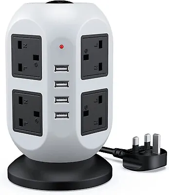 8 Way Tower Power Extension Lead With USB 3M UK Plug -Multi Socket Surge Protect • £27.99