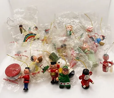 Vintage Wood Christmas Ornaments Made In Taiwan Miniature Lot Of 26 In Orig Bags • $19.99