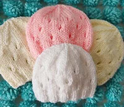 Preemie Baby Beanie Hat 3 Sizes Eyelet Pattern Hand Knit Premature Small Newborn • £2.99
