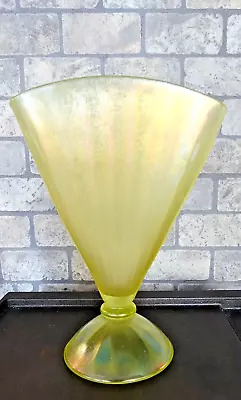 Vintage Vaseline Topaz Iridescent Stretch Glass Rib Optic Fan Vase GLOWS • $99.50