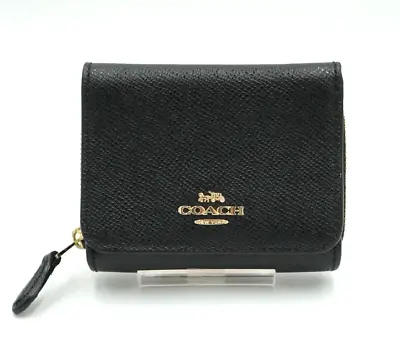 Authentic COACH Small Trifold Wallet Purse Leather Black • £63.66