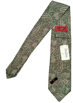 NEW $295 Isaia Pure Silk 7 Fold Tie!   Green Brown And Creme Paisley Design • $129.99