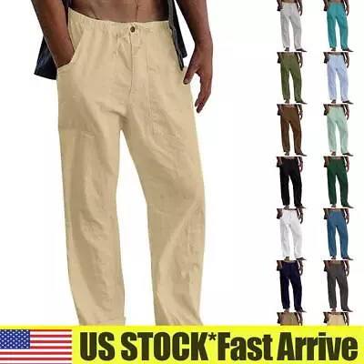 Mens Pants Loose Cotton Linen Straight Pants Elastic Waist Casual Loose Trousers • $18.30