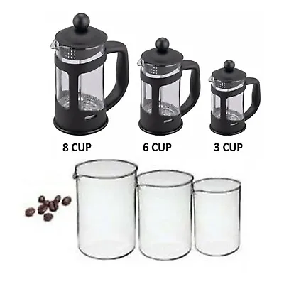 Coffee Maker Mixer Plunger 3 / 6 /8 Cups Serving Cafetiere Coffee Press Glass • £12.45