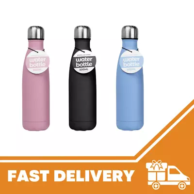 Stainless Steel Water Bottle Vacuum Insulated 500ml Drink Sports Gym Metal Flask • £8.95