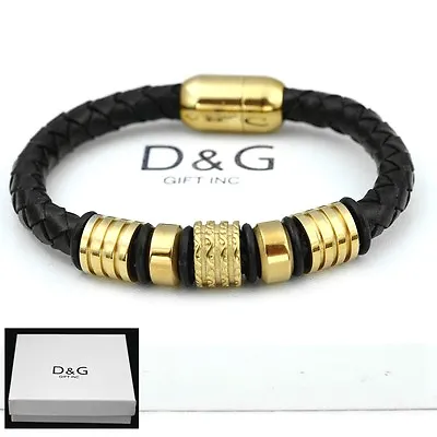 DG Men's 8  Gold Stainless-SteelBlack Braided Leather Magnetic Bracelet + BOX • $16.99