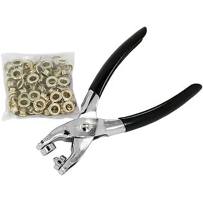 Eyelet Plier Punch Tool DIY Hole Maker Leather Craft Kit With 100 Brass Eyelets • £4.20