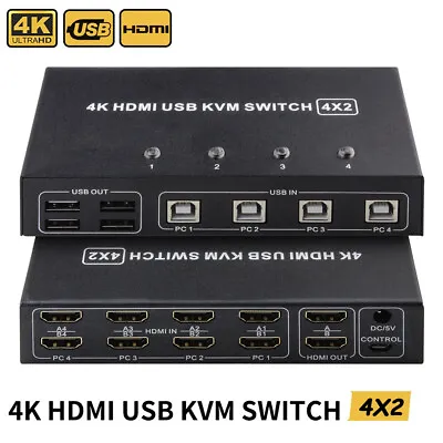 4 Port HDMI USB KVM Switch 4X2 4K@60Hz Switcher Dual Monitor 4 Computer Keyboard • $101.37