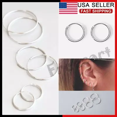 $4.72 • Buy Elegant 925 Sterling Silver Hoop Earrings For Women Men Jewelry 8 10 12 14 16MM