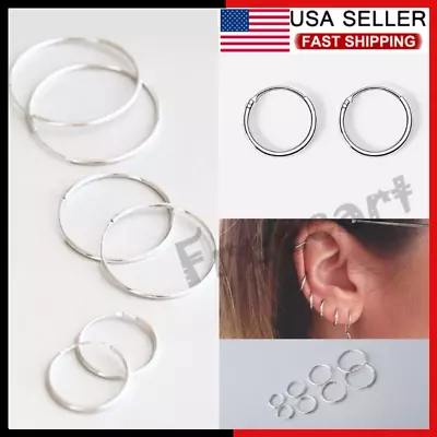 Elegant 925 Sterling Silver Hoop Earrings For Women Men Jewelry 8 10 12 14 16MM • $4.45