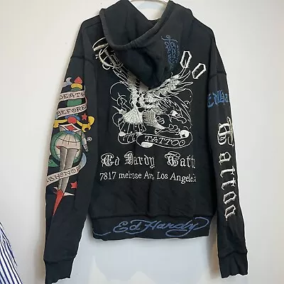 Vintage Ed Hardy By Christian Audiger Tattoo Hoodie Size Large Y2K FLAWED • $120