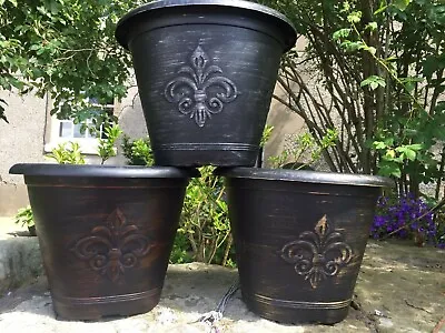 £10.95 • Buy 2 X Plastic Round Garden Plant Pot Flower Pots Planter Black Copper Wash 25cm