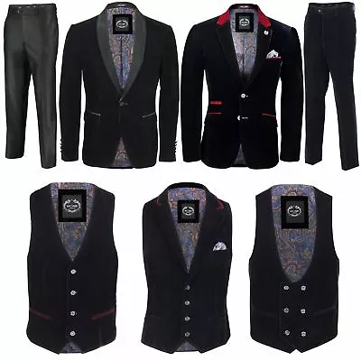 Mens Black Velvet Vintage 3 Piece Suit Tuxedo Blazer Coat Waistcoat Trouser • £44.99