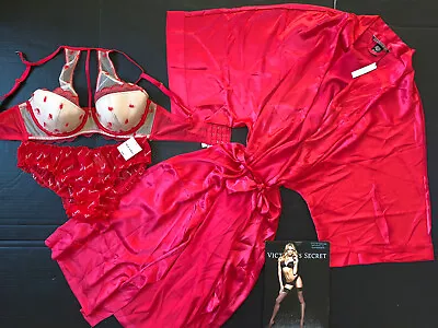 Victoria's Secret 34D34DD BRA SET+panty HAPPY+KIMONO ROBE Heart RED VALENTINE's • $119.99